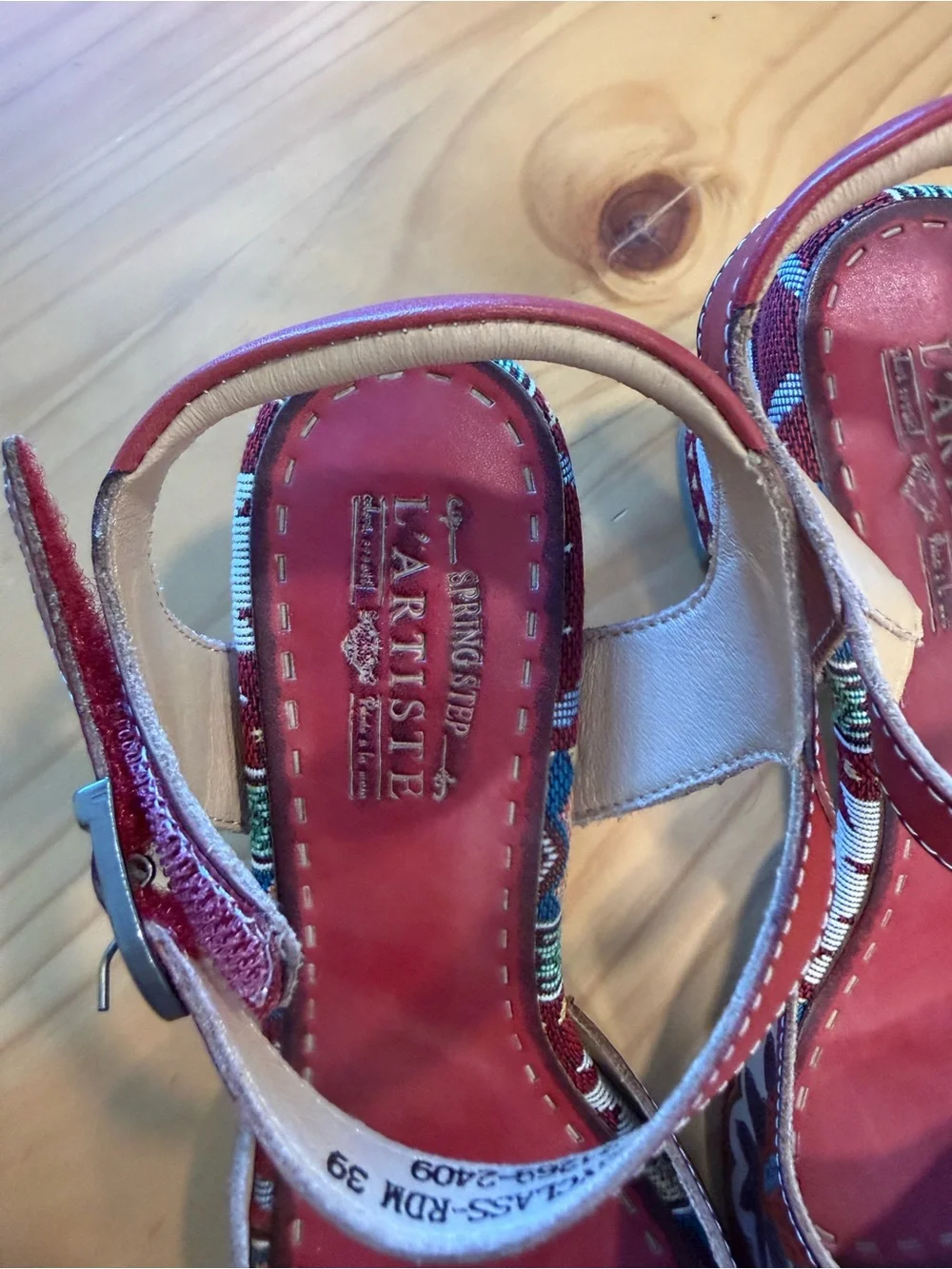 Artisanal Red Patterned Women's Ankle-Strap Sandals by ARTISTE